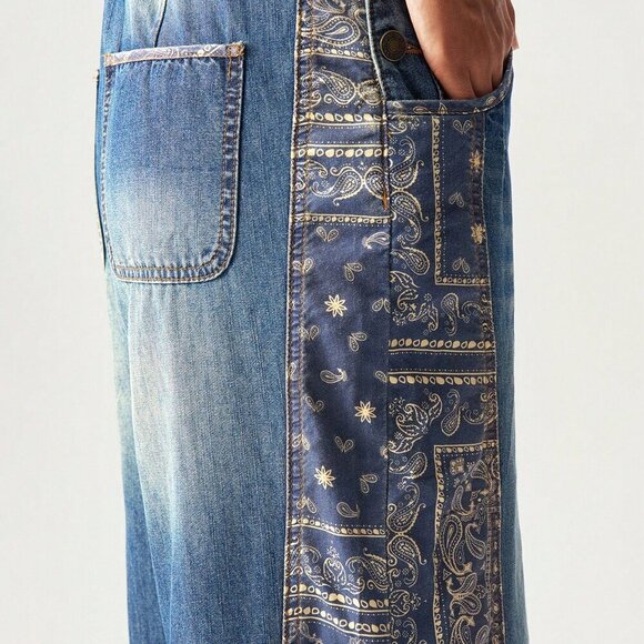 Medium Wash Casual Women's Woven Patchwork Wide-Leg Bib jumpsuit overall Pants - Picture 8 of 9